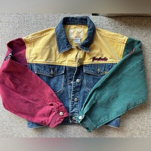 Vintage Jordache Jean Jacket Womens Medium Multi Colorblock Long Sleeve Cropped
